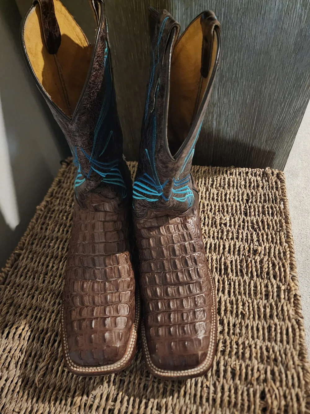 Brown Crocodile-Embossed Western Boots with Turquoise Stitching